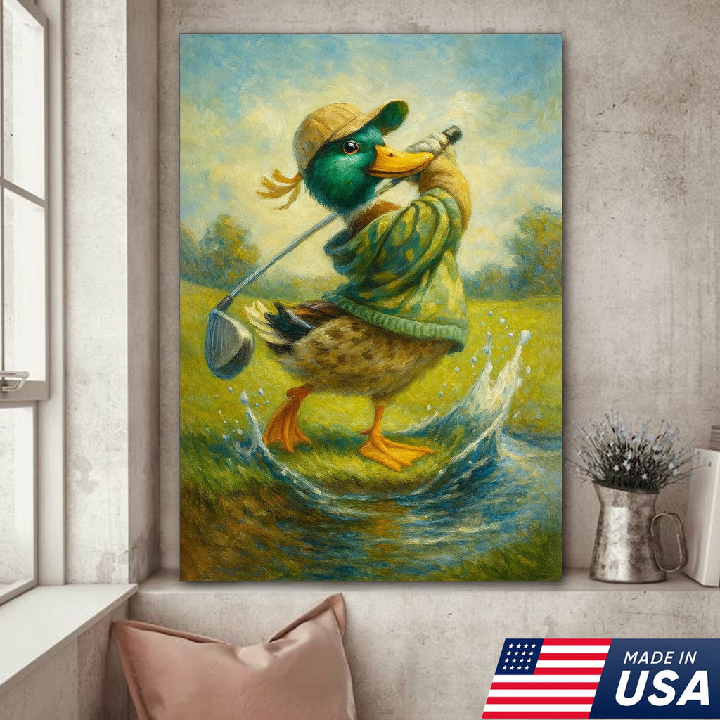 Funny Duck Playing Golf Canvas Wall Art – Rustic Sports Lodge Decor, Man Cave & Golfer Gift