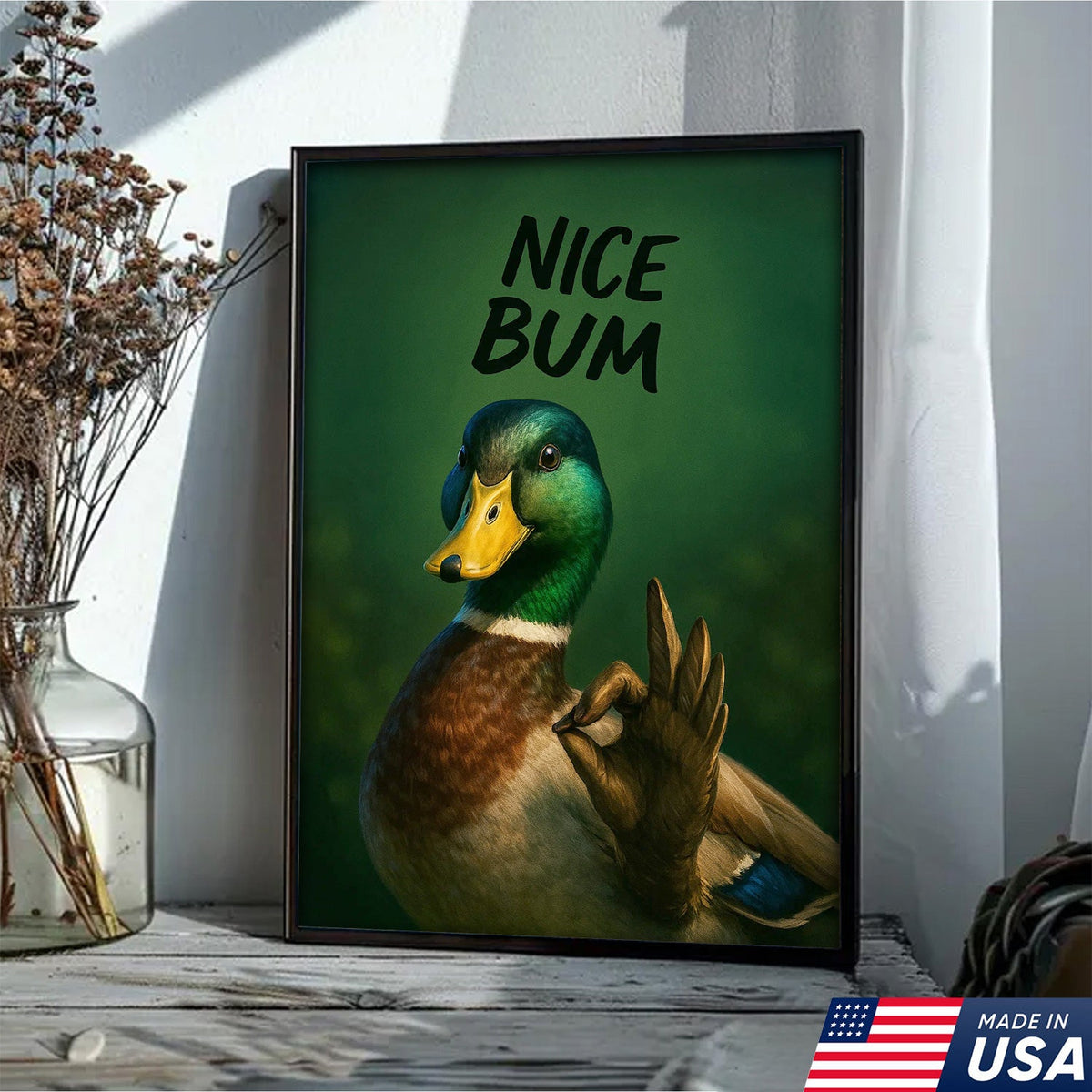Cheeky Duck Canvas Wall Art – Funny Mallard Humor Print – Playful Rustic Lodge Bathroom Decor