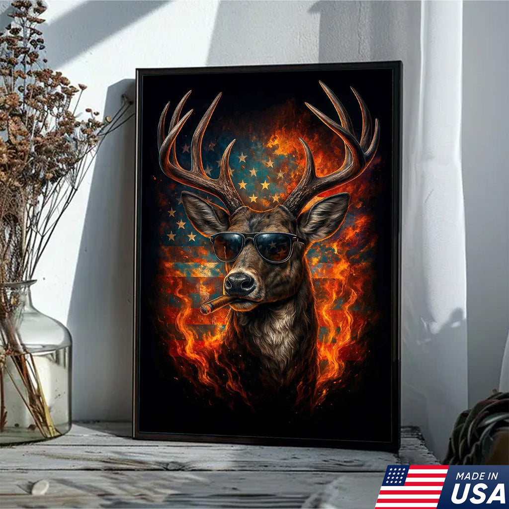 Patriotic Deer Wall Art Canvas – Cool Buck with Sunglasses and American Flag
