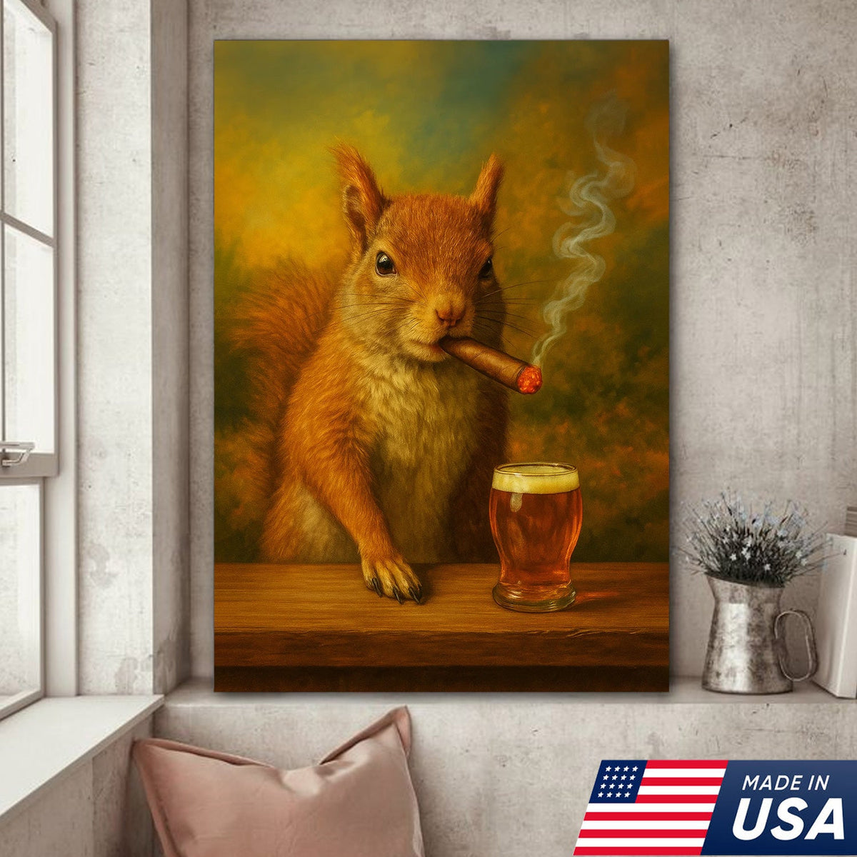 Funny Squirrel Smoking and Drinking Cocktail Glasses Canvas Wall Art – Quirky Cabin Decor