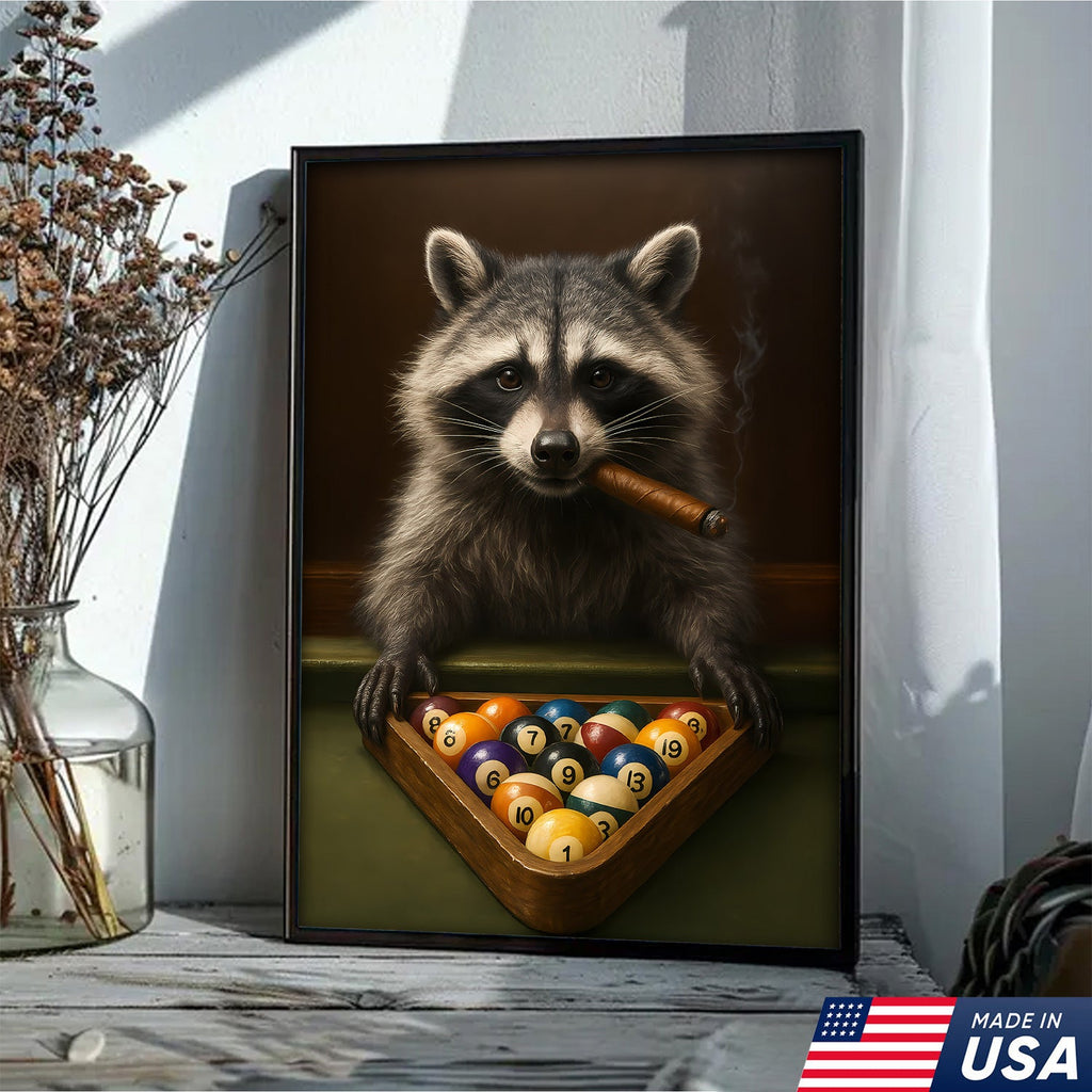 Funny Raccoon Pool Player Canvas – Perfect Gift for Billiards Lovers & Outdoors Men