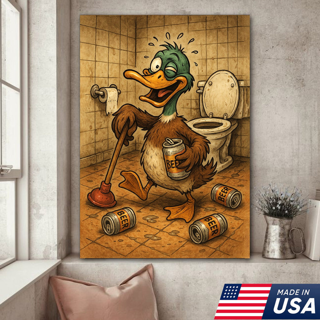 Funny Duck Canvas Wall Art – Hilarious Bathroom Decor with Soda Cans and Plunger