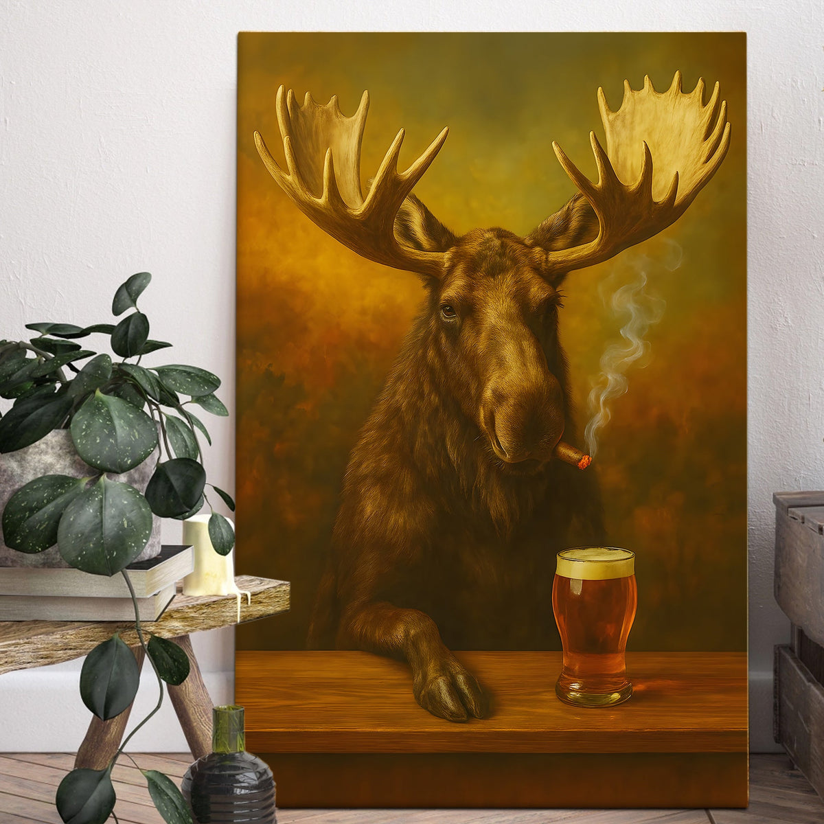 Moose Smoking & Drinking Canvas - Rustic Bar Wall Art Hunting Lodge & Man Cave Decor