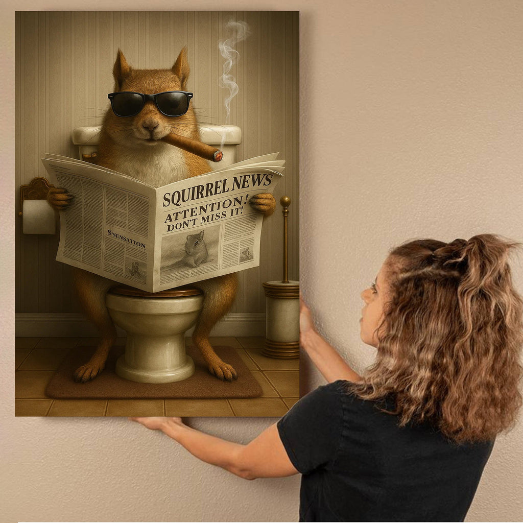 Squirrel Reading News Smoking Bathroom Wall Art – Rustic Decor for Men, Hunting Cabin Canvas