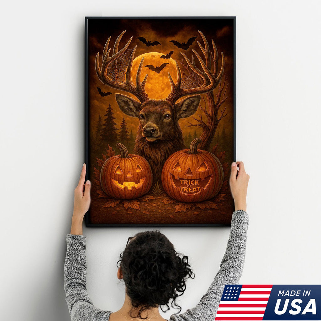 Trophy Buck Halloween Canvas Wall Art – Spooky Deer with Pumpkins and Full Moon Decor