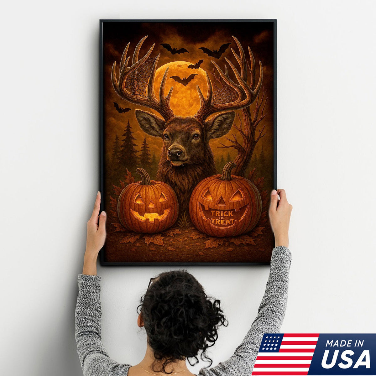 Trophy Buck Halloween Canvas Wall Art – Spooky Deer with Pumpkins and Full Moon Decor