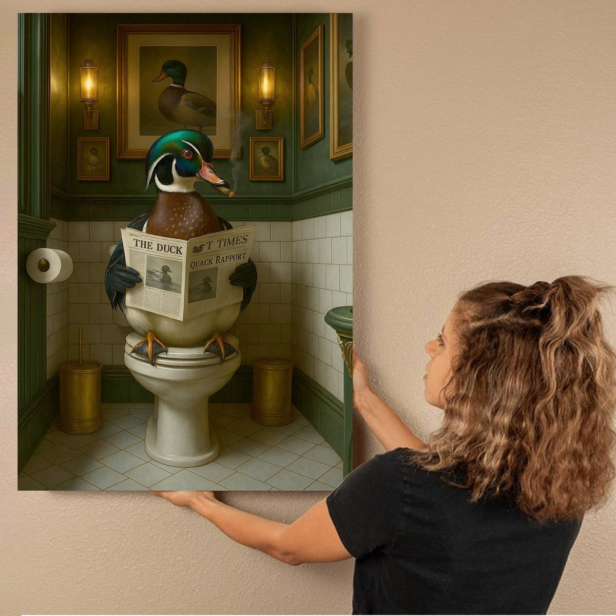 Rustic Duck Bathroom Wall Art Canvas – Wood Duck Reading Newspaper - Lodge Humor Print