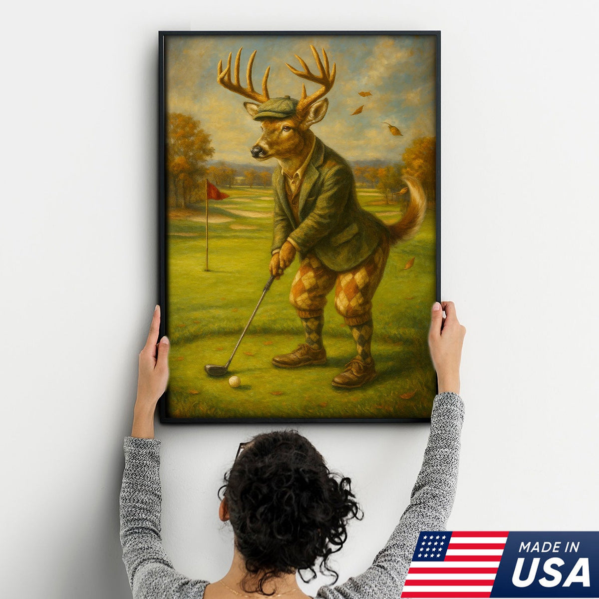 Vintage Deer Golfer Canvas Print – Rustic Funny Lodge Wall Art, Man Cave & Cabin Gift USA