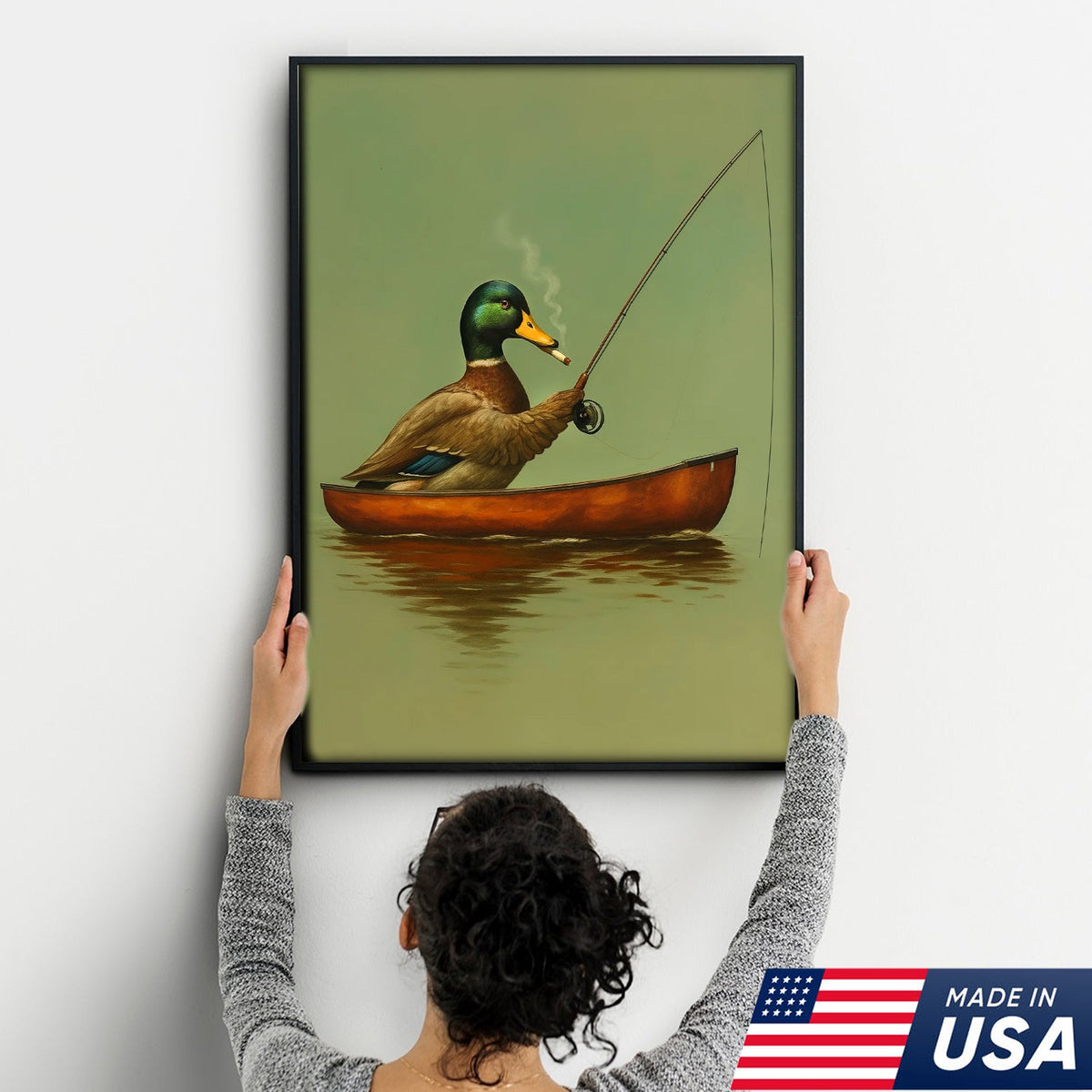 Funny Duck Fishing Canvas, Funny Hunting Wall Art for Fisherman & Hunter Gift Decor