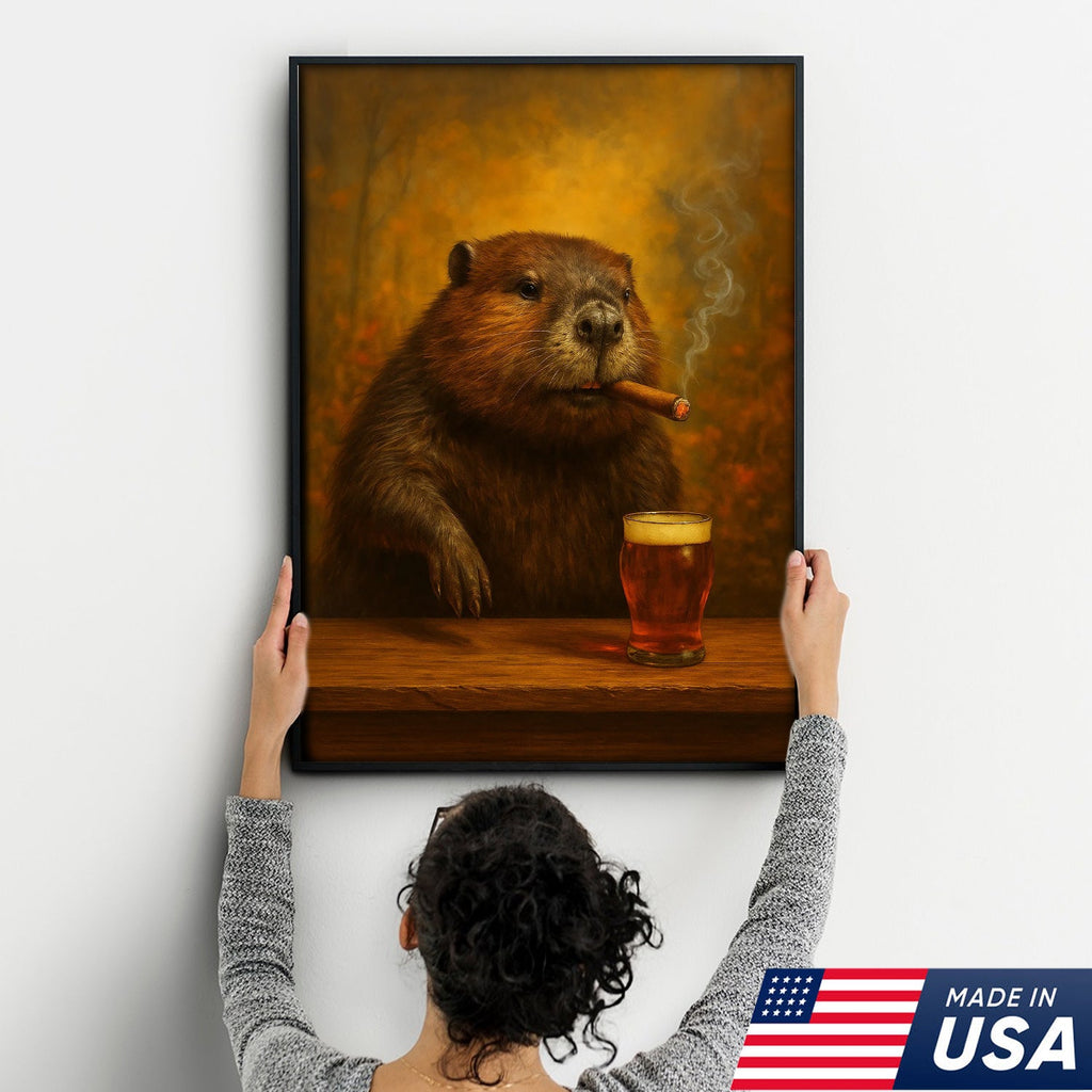 Funny Beaver Smoking with Cocktail Glasses Canvas – Rustic Cabin & Hunting Lodge Wall Art