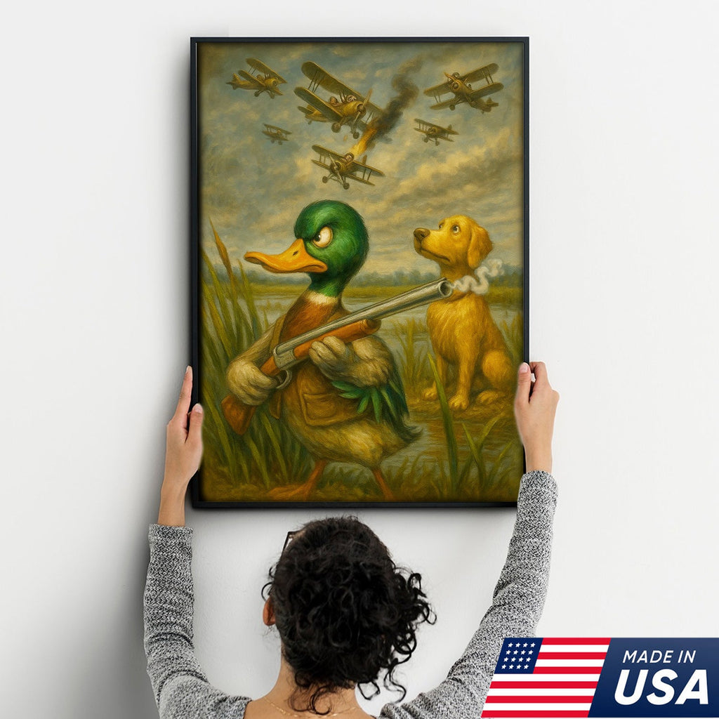 Funny Duck with Shotgun Canvas Wall Art – Hunting Dog & Airplane Battle Rustic Decor