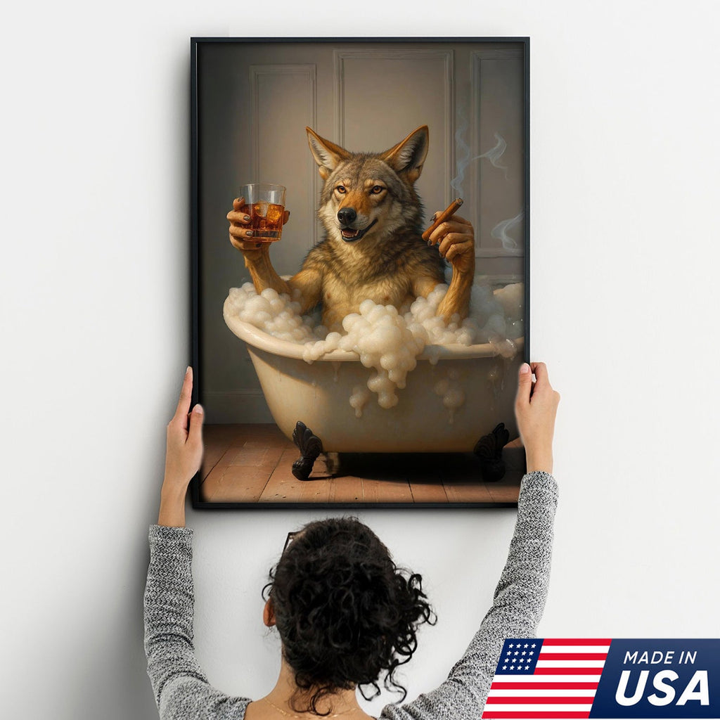 Wolf Coyote Chilling in Bubble Bath Canvas Wall Art – Whimsical Bathroom Decor