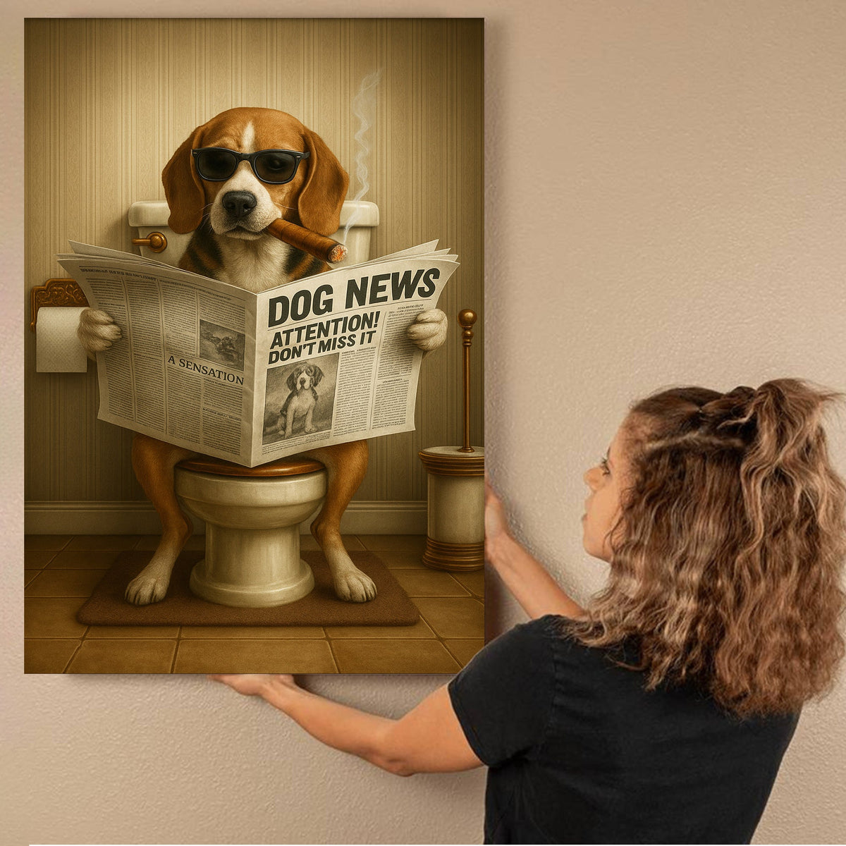 Funny Beagle Reading Newspaper Canvas – Funny Dog Hunting Bathroom Wall Art