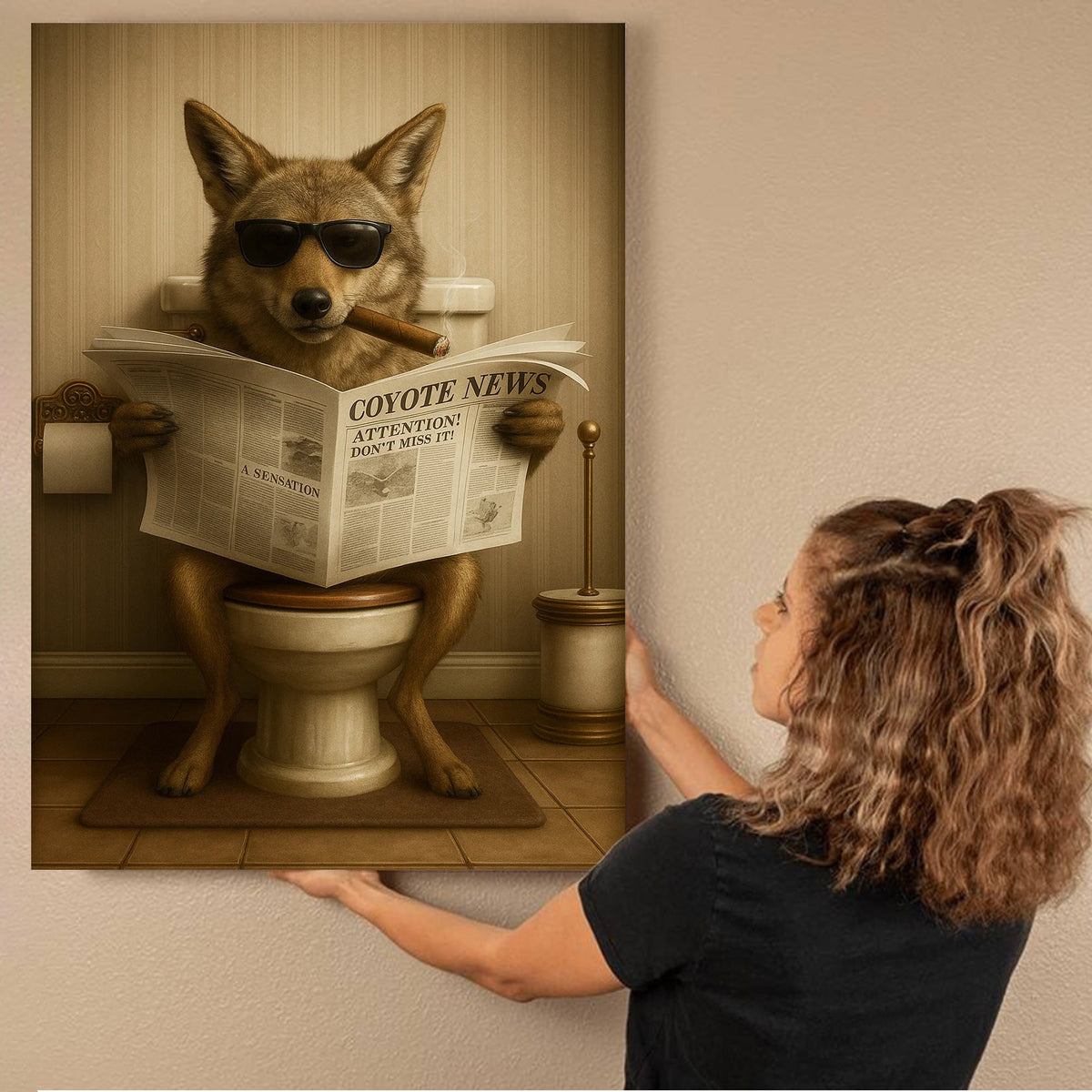 Smoking Coyote Wolf Canvas – Funny Wildlife Bathroom Art for Hunters & Cabin Decor