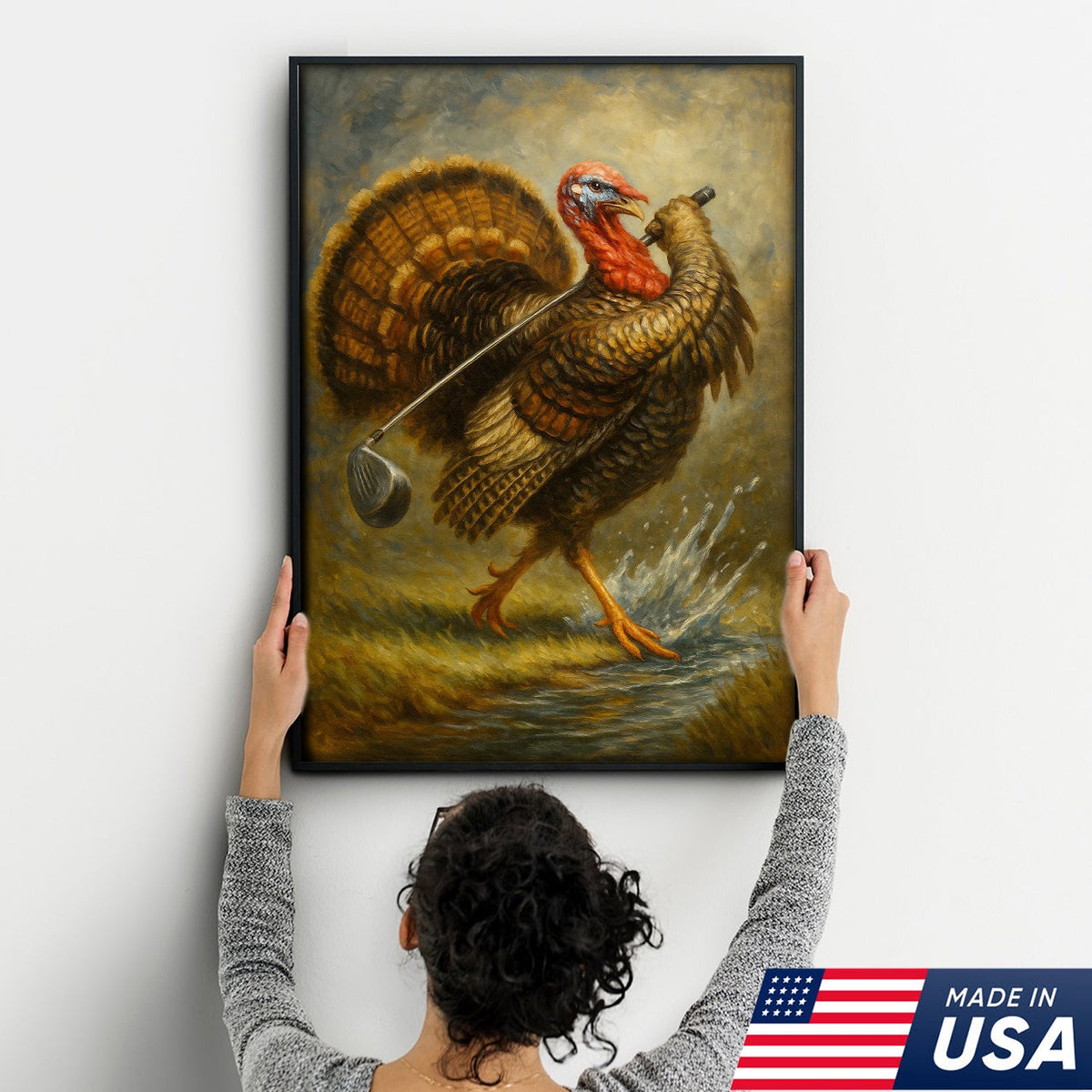 Funny Turkey Playing Golf Canvas Wall Art – Rustic Cabin Lodge Decor, Man Cave & Golfer Gift