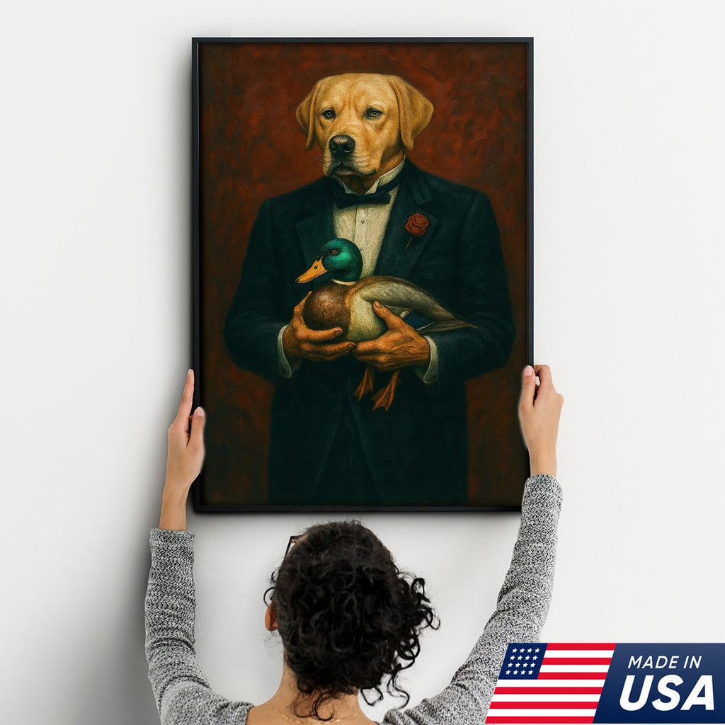 Yellow Labrador Retriever Canvas Wall Art – Distinguished Dog in Tuxedo Holding Mallard Duck