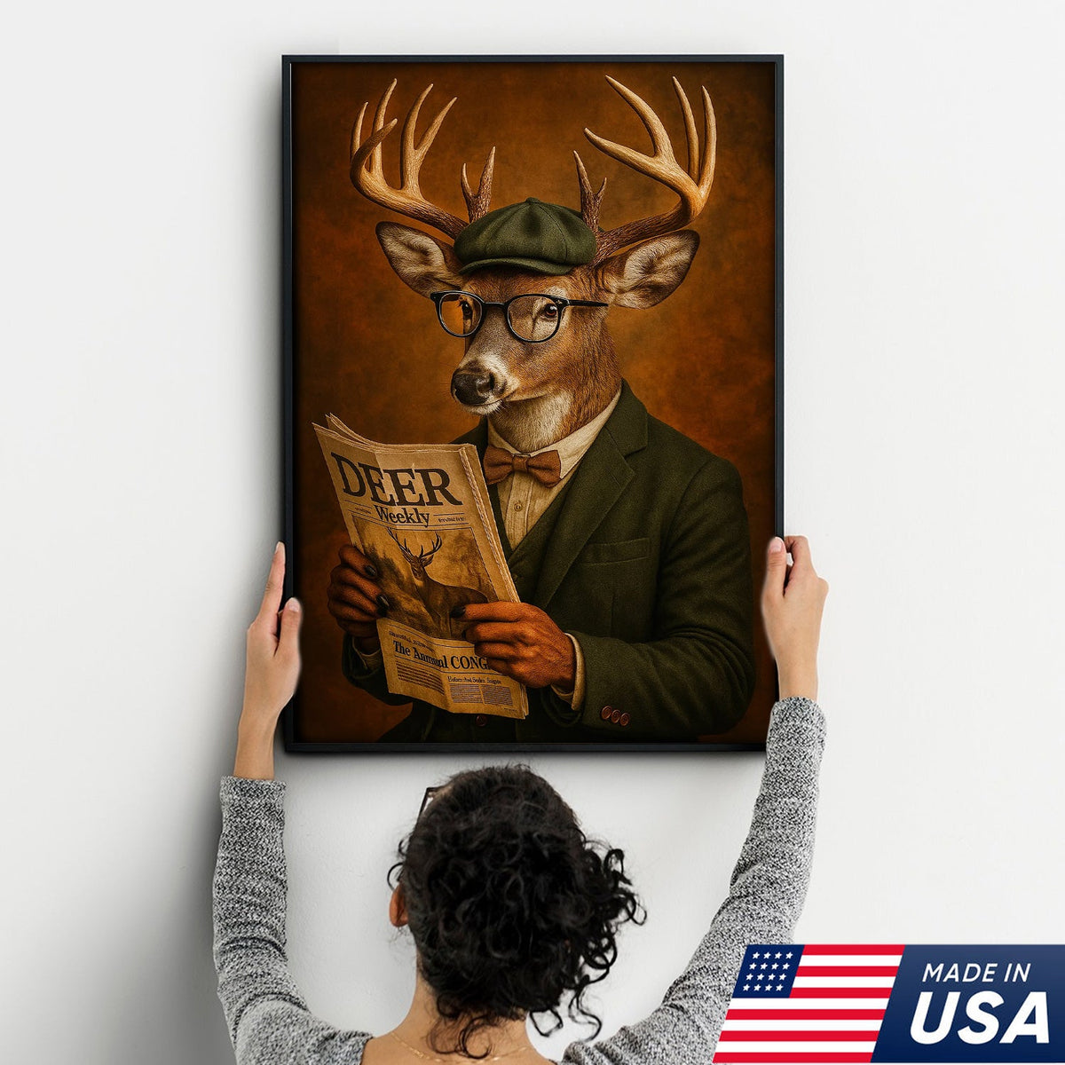 Funny Deer Gentleman Reading Newspaper Canvas – Rustic Hunting Lodge Wall Art