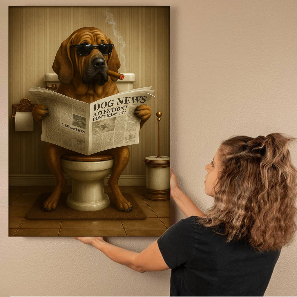 Funny Rustic Dog Bathroom Canvas – Bloodhound Smoking Reading ‘Dog News’ - Hunting Cabin Decor