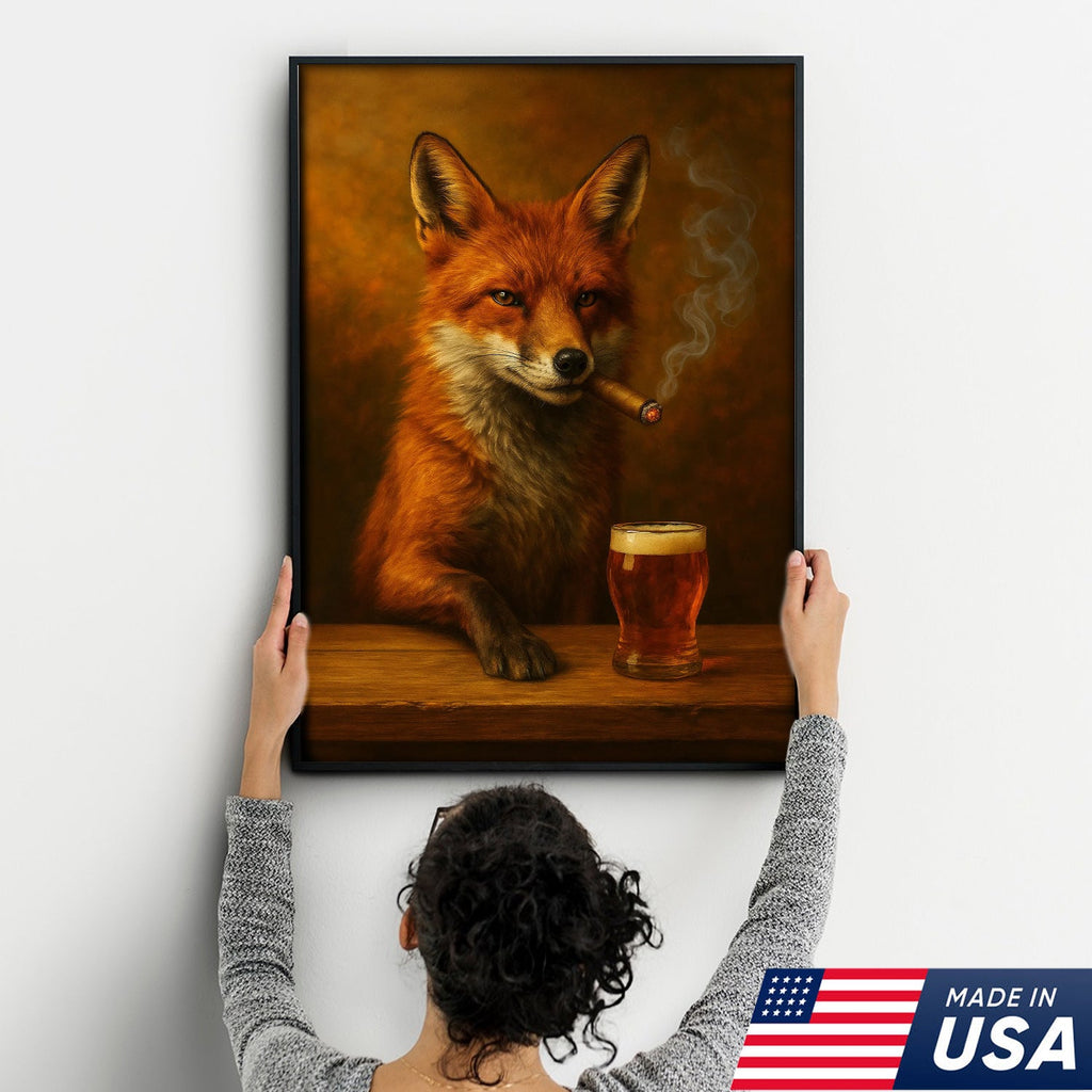 Funny Fox Smoking with Cocktail Glasses Canvas – Rustic Hunting Lodge Wall Art