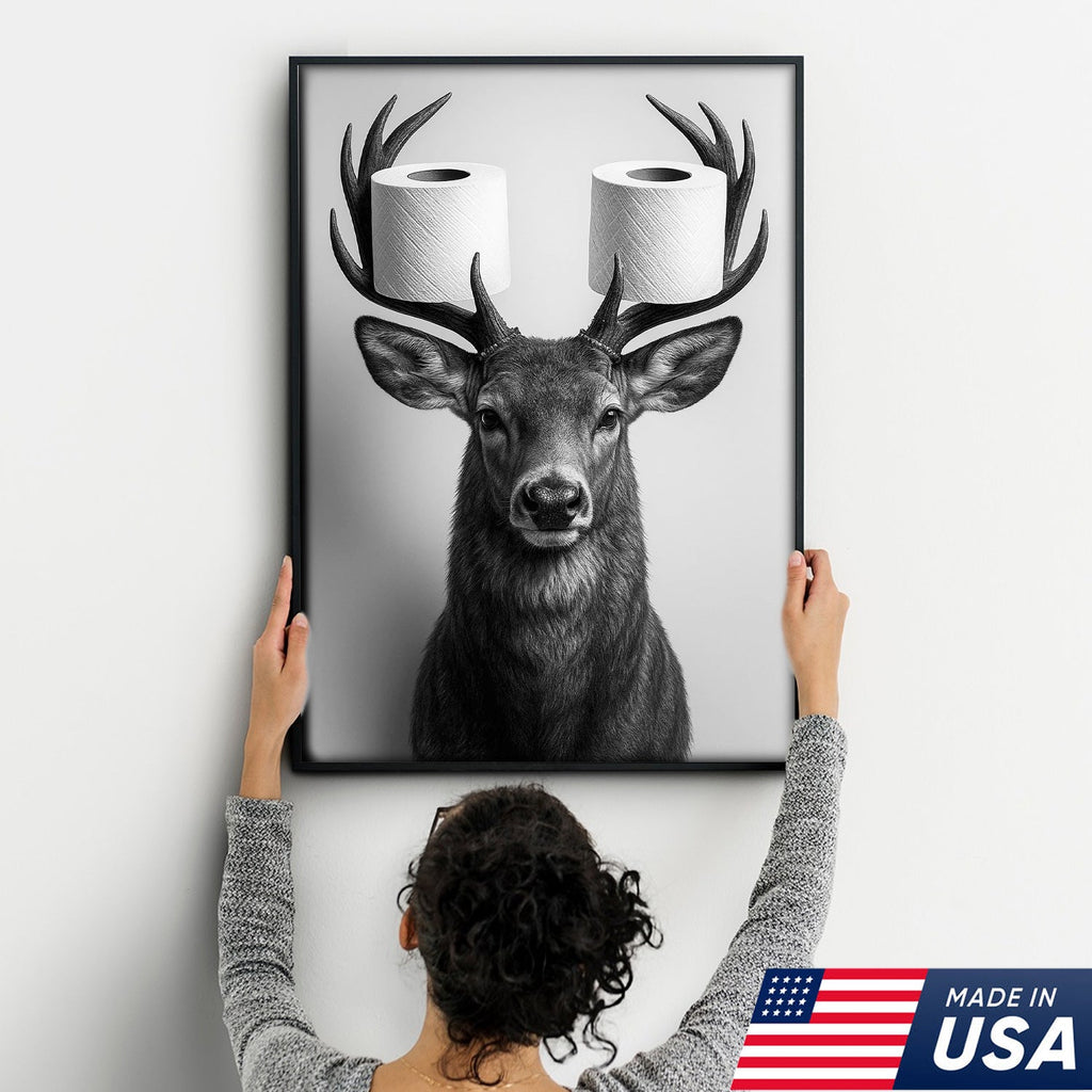 Deer Canvas Wall Art - Funny Animal Portrait with Toilet Paper on Antlers
