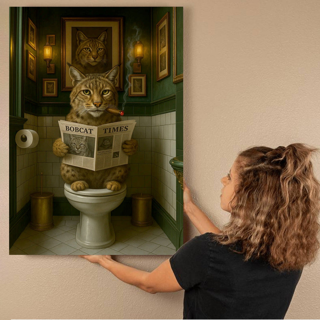 Funny Rustic Bobcat Wall Art Canvas – Smoking-Smoking Wild Cat Reading Newspaper