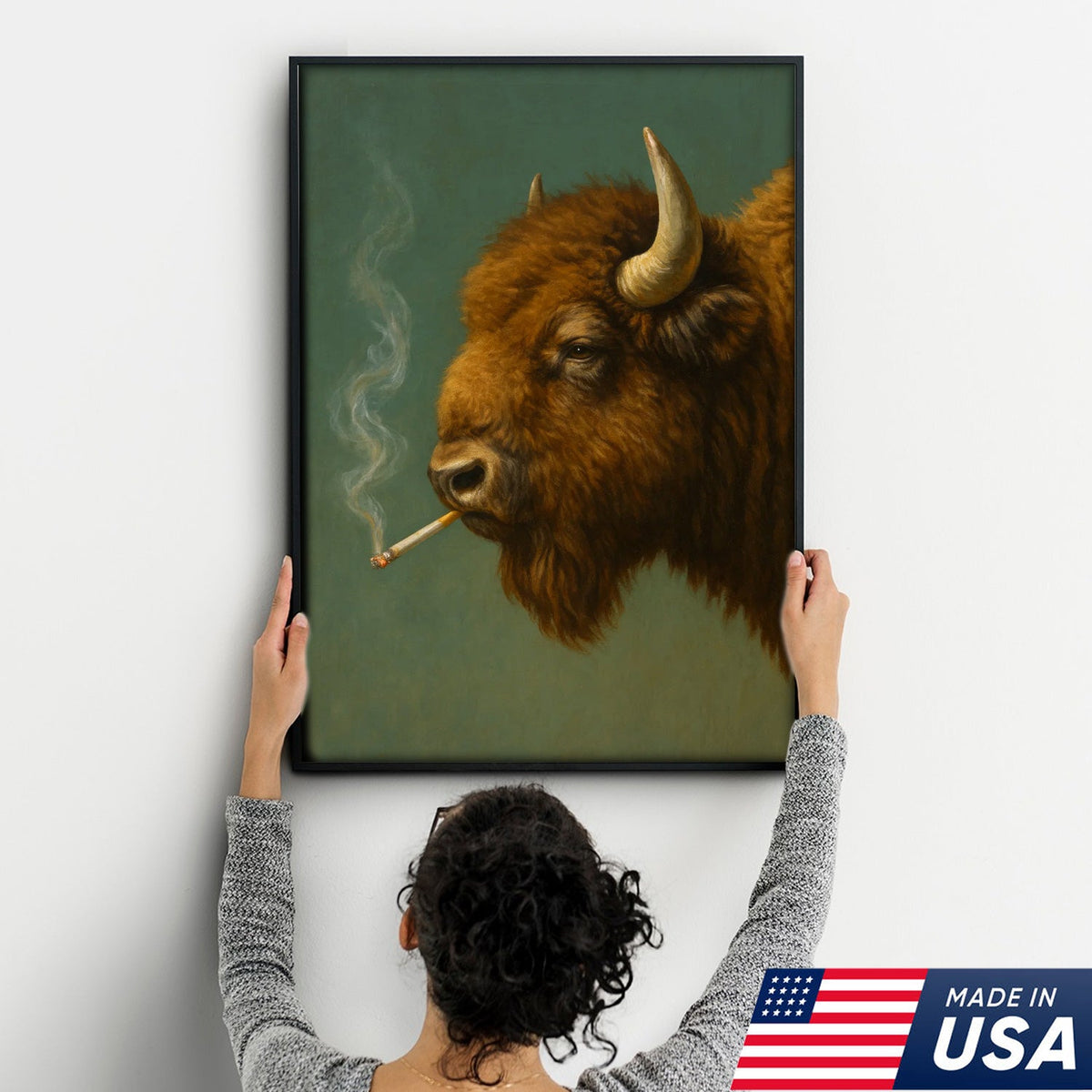 Buffalo Bison Smoking Canvas Wall Art – Rustic Western Cabin Decor for Hunters