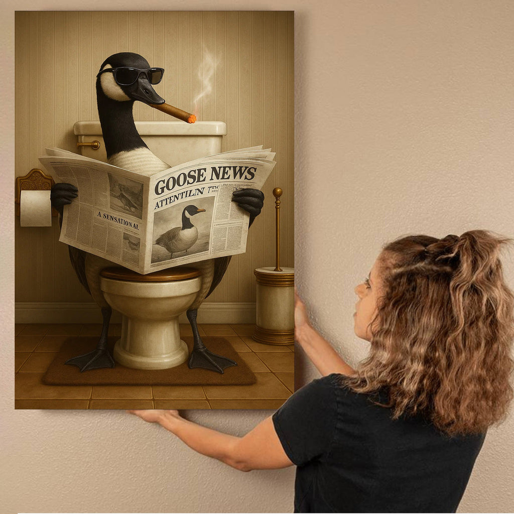 Funny Goose Read Newspaper Bathroom Canvas Wall Art – Hunting Wildlife Animal Canvas