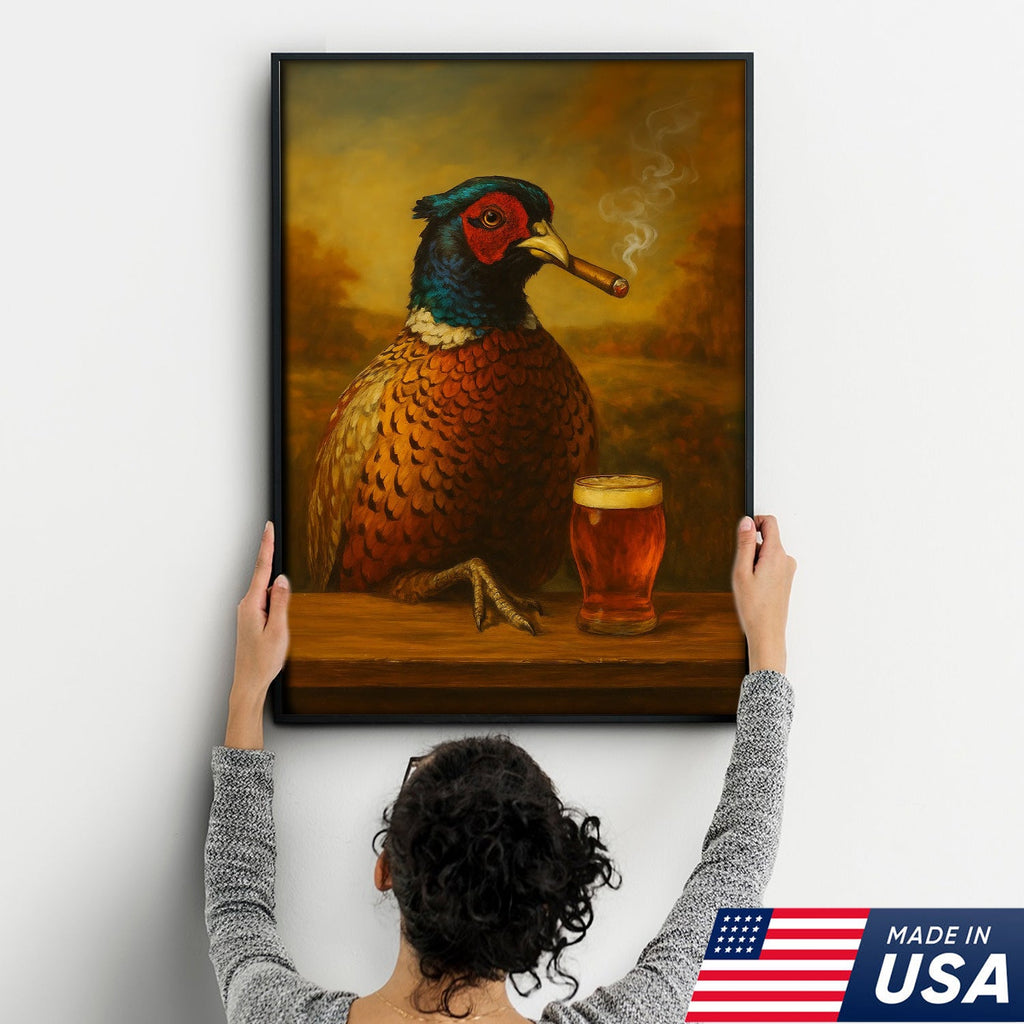 Pheasant With Smoking & Cocktail Glasses Canvas – Hunting Lodge Decor Perfect Gift for Hunters