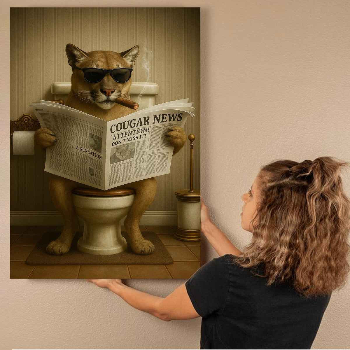 Funny Cougar Bathroom Canvas – Mountain Lion on Toilet Reading Newspaper - Rustic Cabin Decor