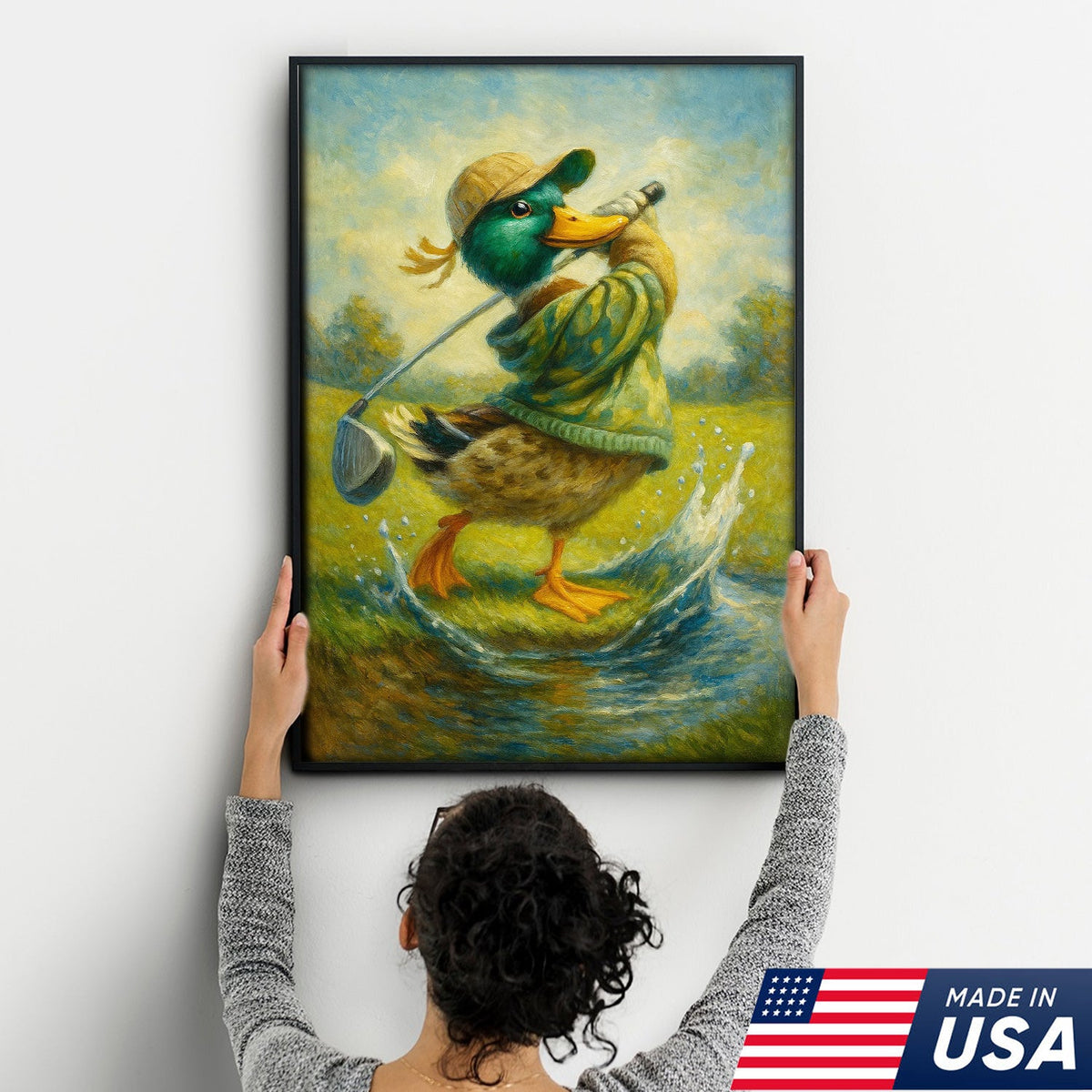 Funny Duck Playing Golf Canvas Wall Art – Rustic Sports Lodge Decor, Man Cave & Golfer Gift
