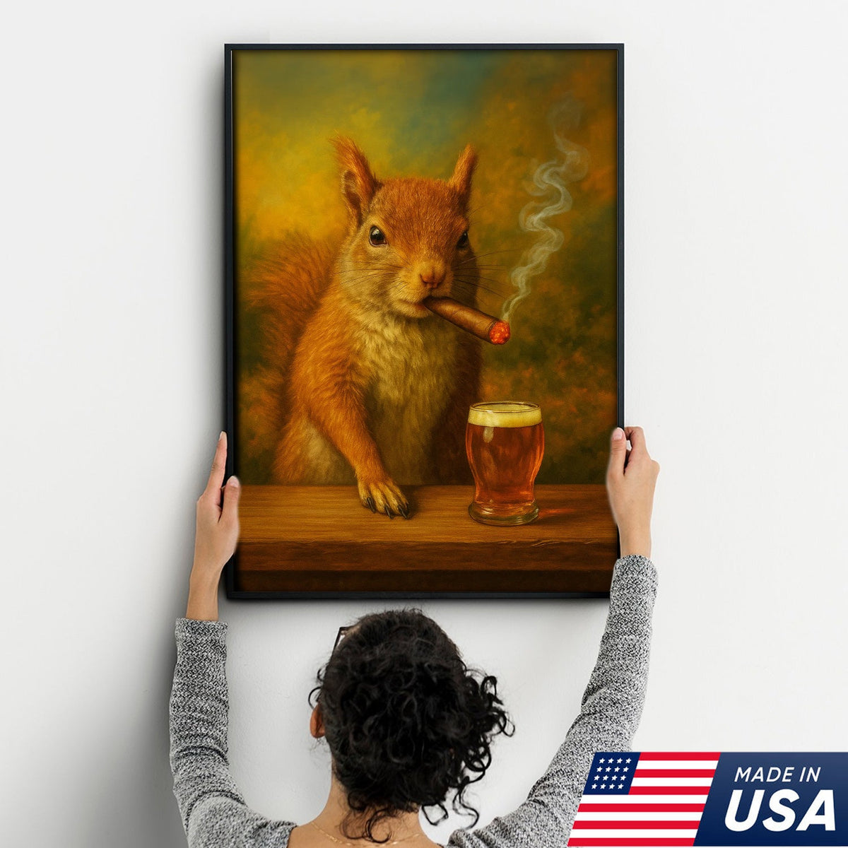 Funny Squirrel Smoking and Drinking Cocktail Glasses Canvas Wall Art – Quirky Cabin Decor