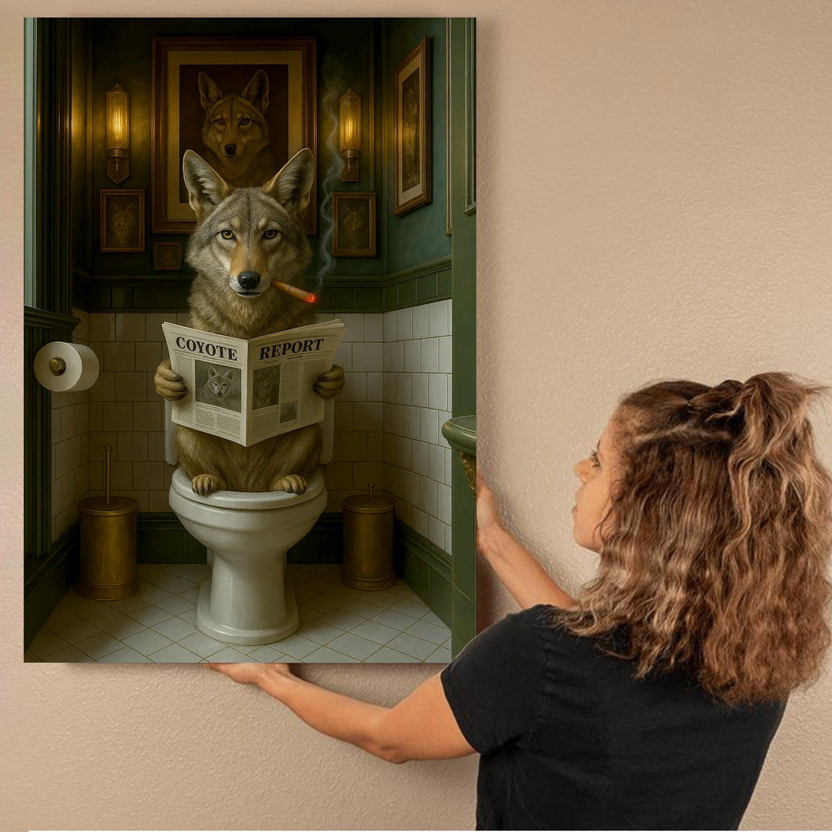Funny Coyote Bathroom Canvas – Wild Dog on Toilet Reading Newspaper - Wolf Coyote