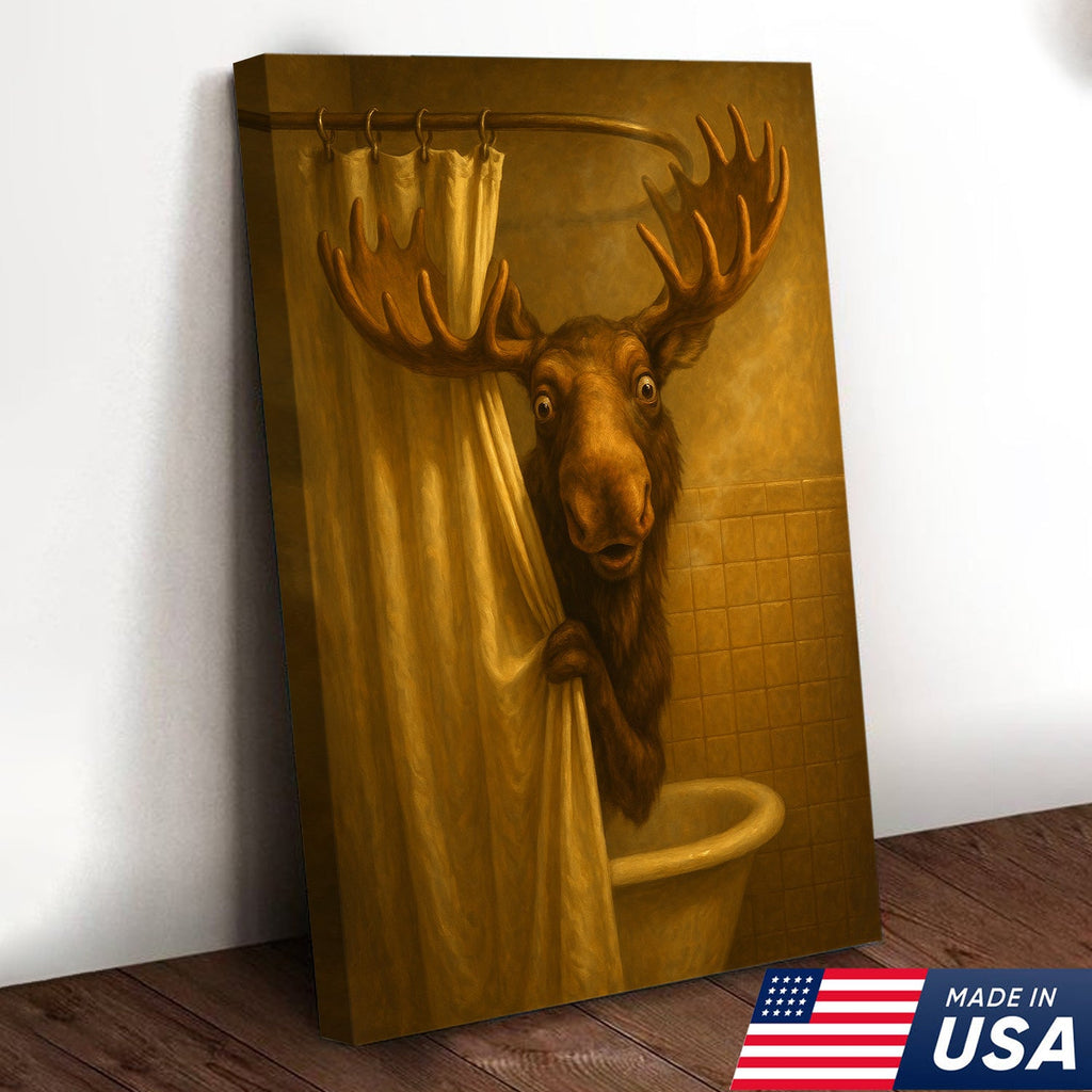 Funny Moose Bathroom Canvas Wall Art – Rustic Lodge Cabin Decor for Bathroom