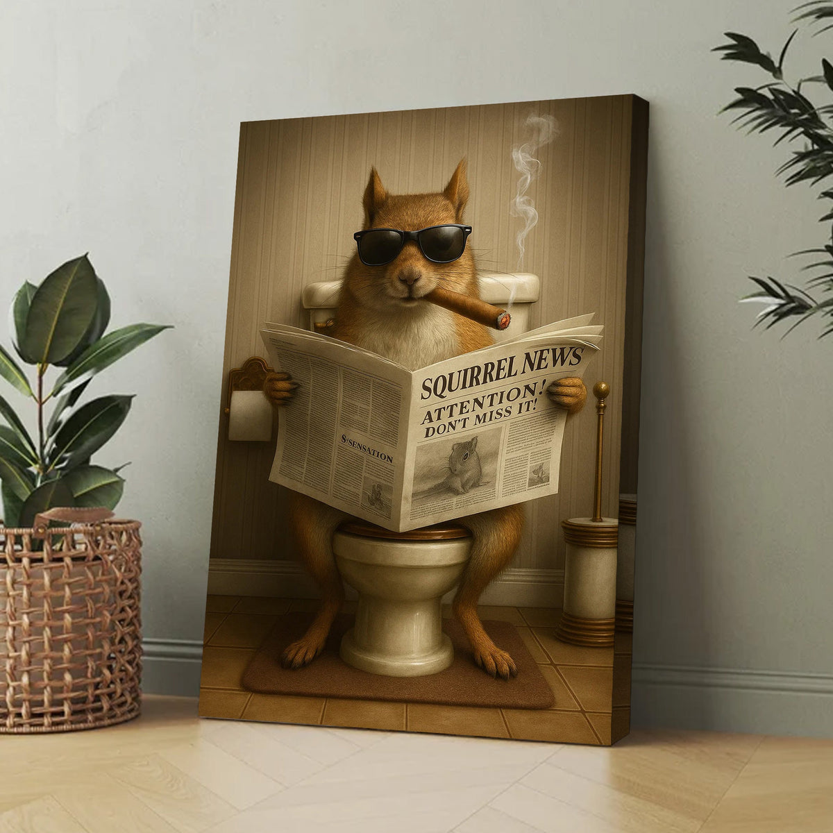 Squirrel Reading News Smoking Bathroom Wall Art – Rustic Decor for Men, Hunting Cabin Canvas