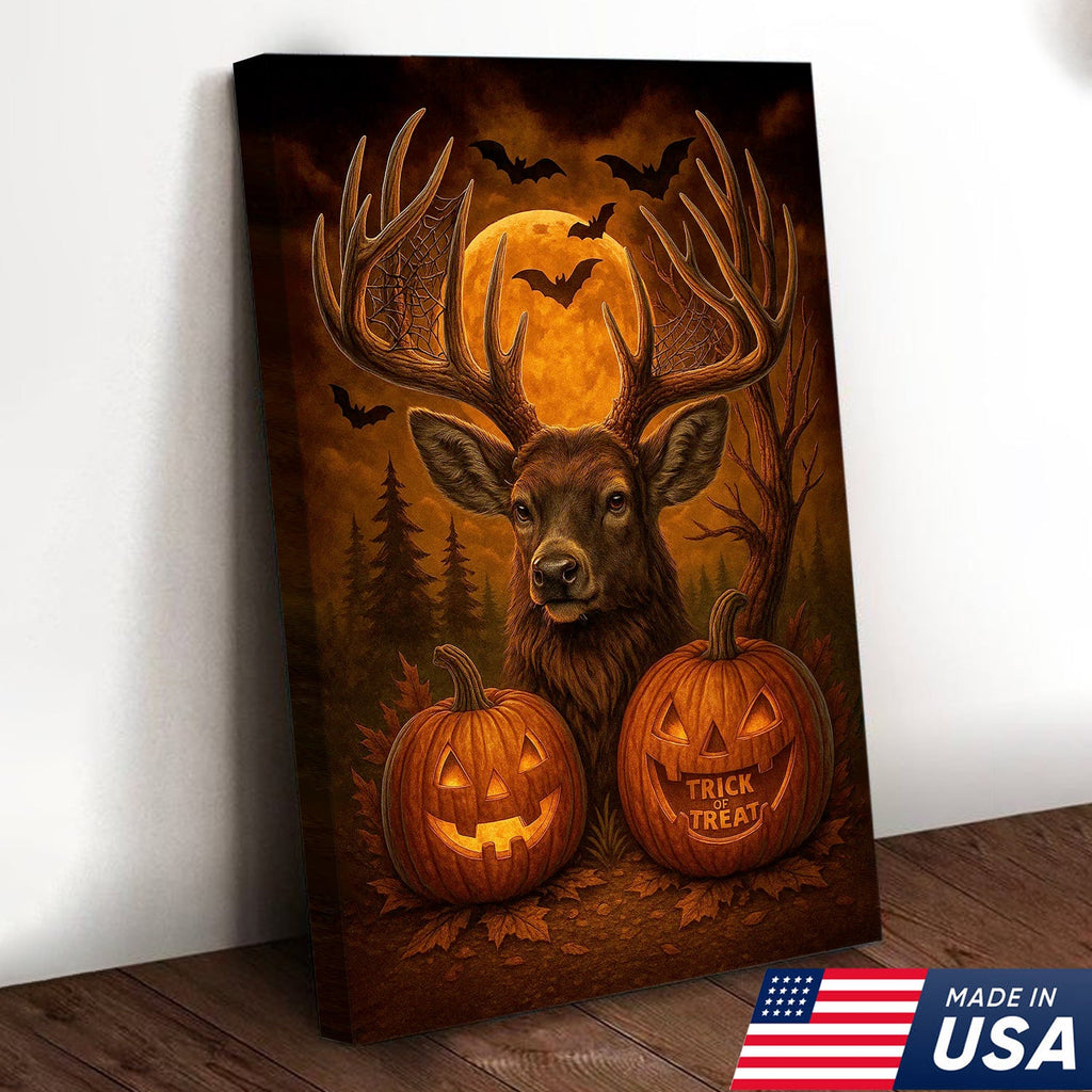 Trophy Buck Halloween Canvas Wall Art – Spooky Deer with Pumpkins and Full Moon Decor