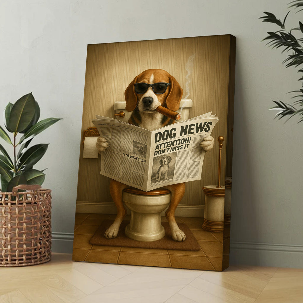 Funny Beagle Reading Newspaper Canvas – Funny Dog Hunting Bathroom Wall Art