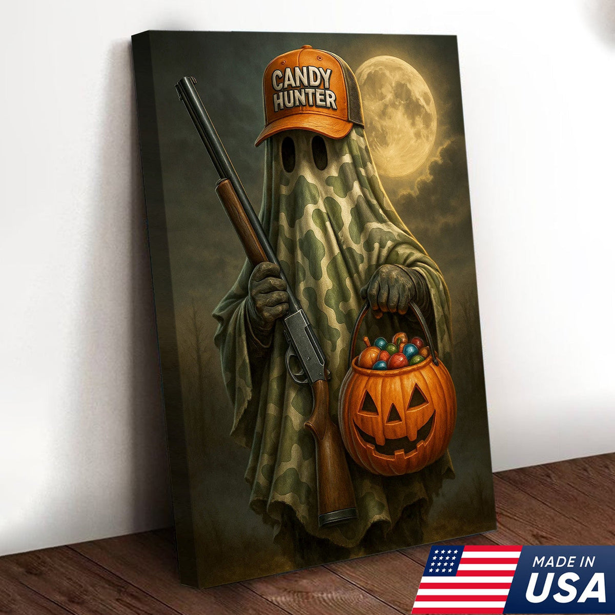 Candy Hunter Halloween Canvas Wall Art – Camouflage Ghost with Shotgun