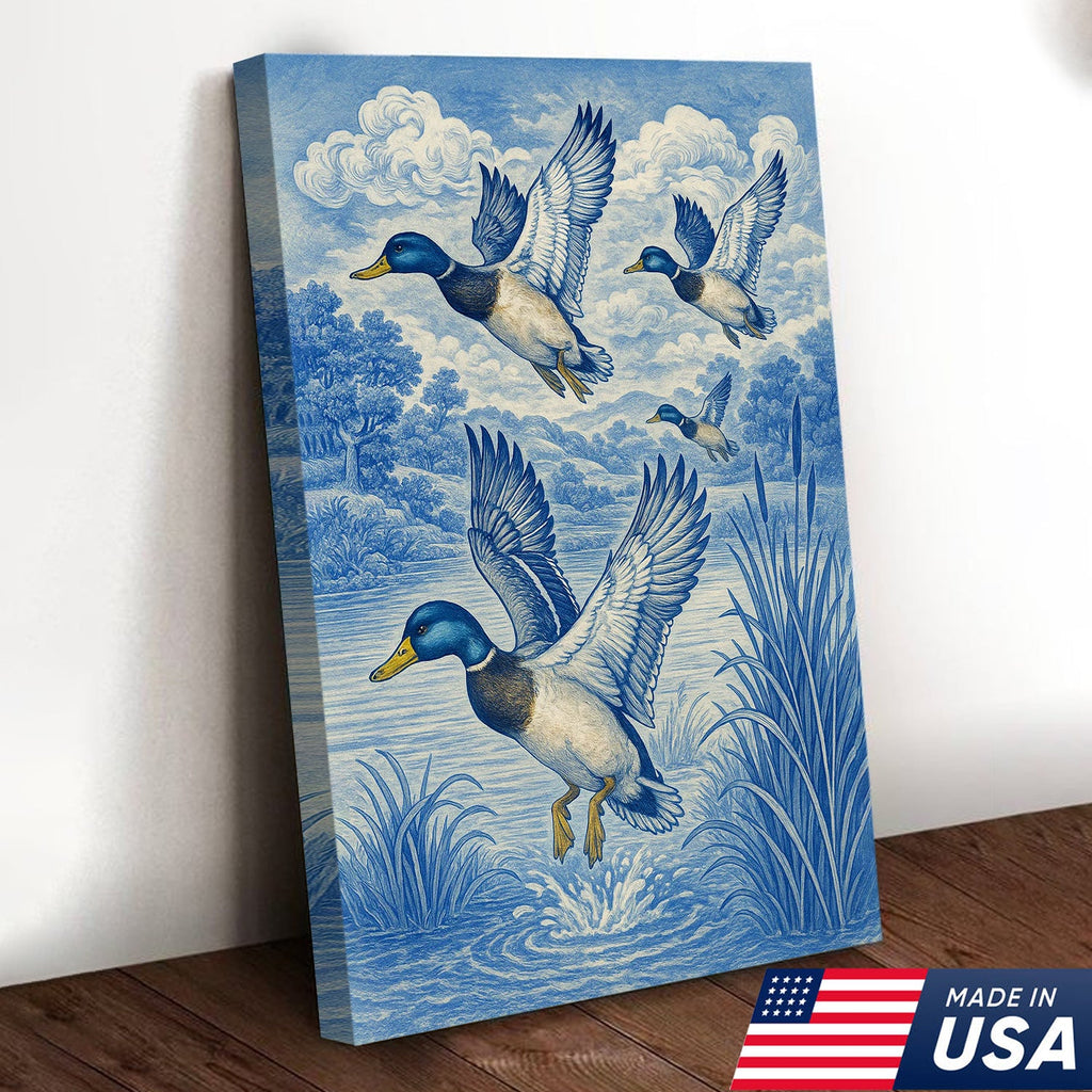 Vintage Mallard Duck Hunting Canvas – Rustic Blue Wildlife Wall Art USA