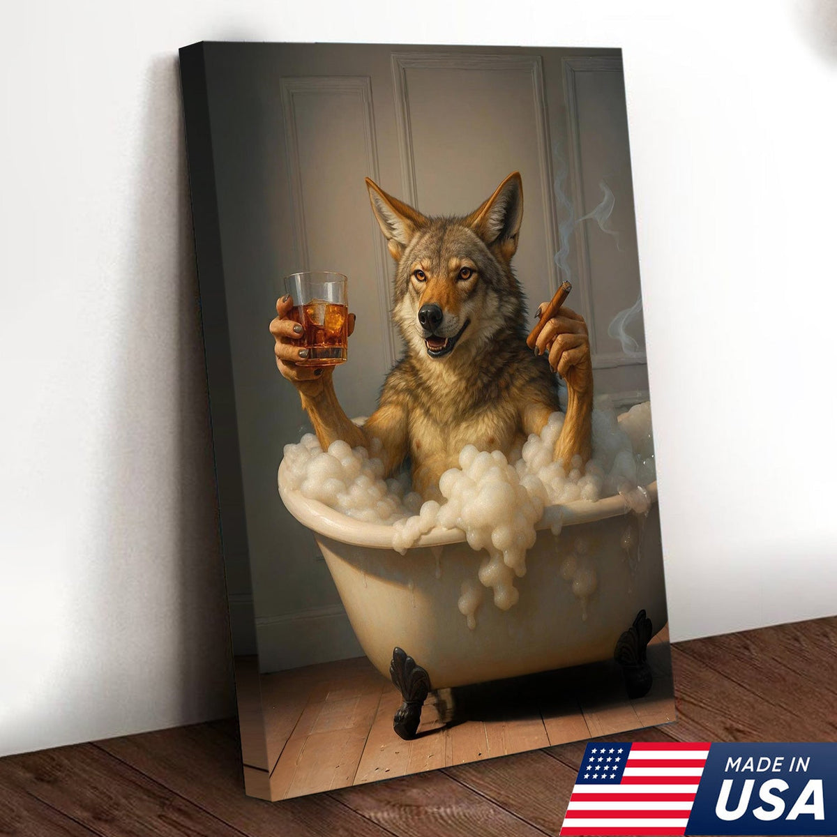 Wolf Coyote Chilling in Bubble Bath Canvas Wall Art – Whimsical Bathroom Decor