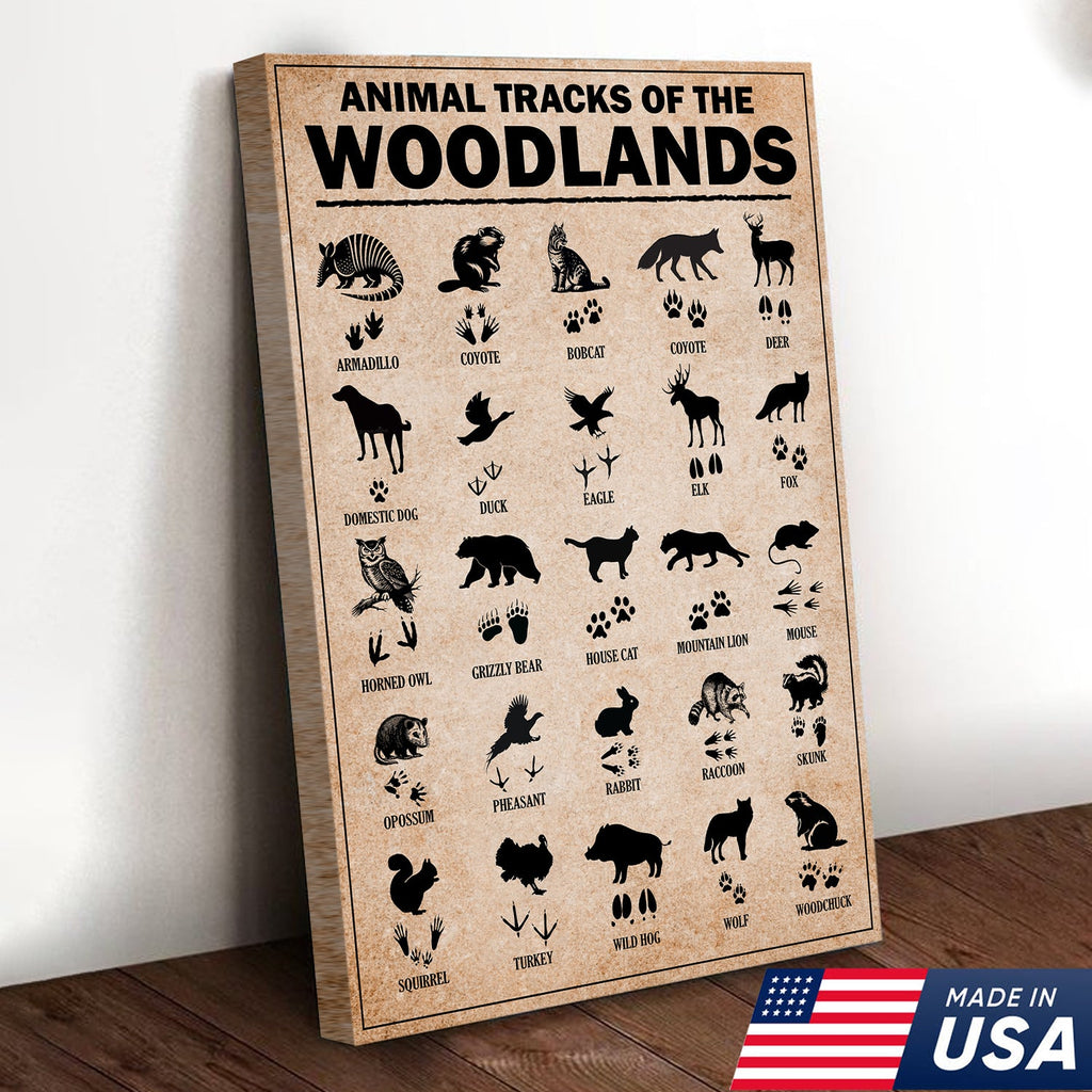 Animal Tracks of the Woodlands Canvas Wall Art, Wildlife Footprint Chart, Rustic Hunting Cabin