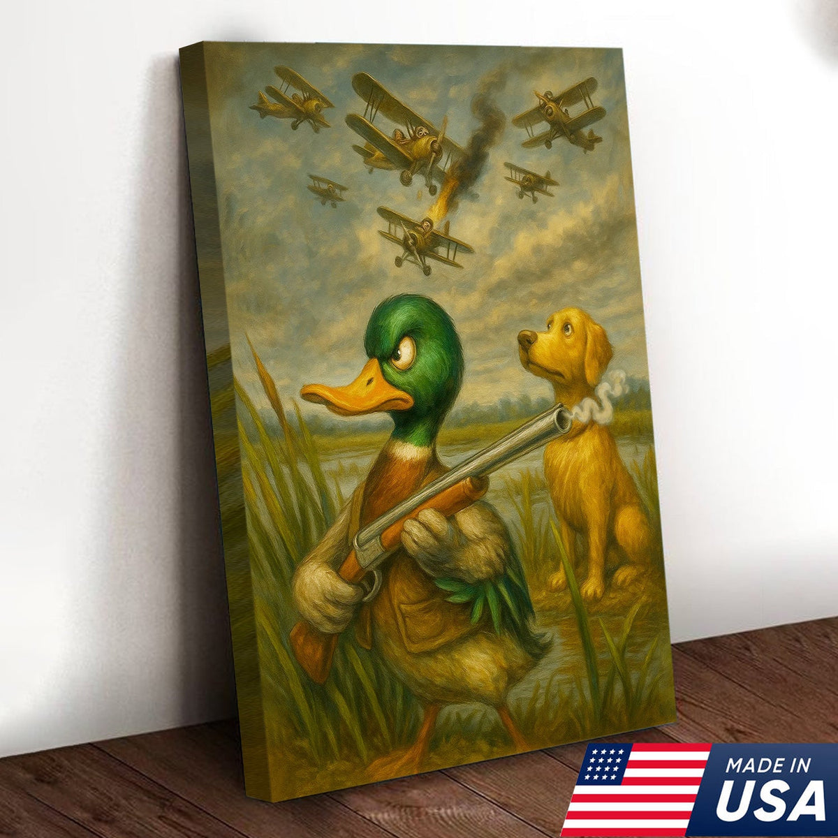 Funny Duck with Shotgun Canvas Wall Art – Hunting Dog & Airplane Battle Rustic Decor