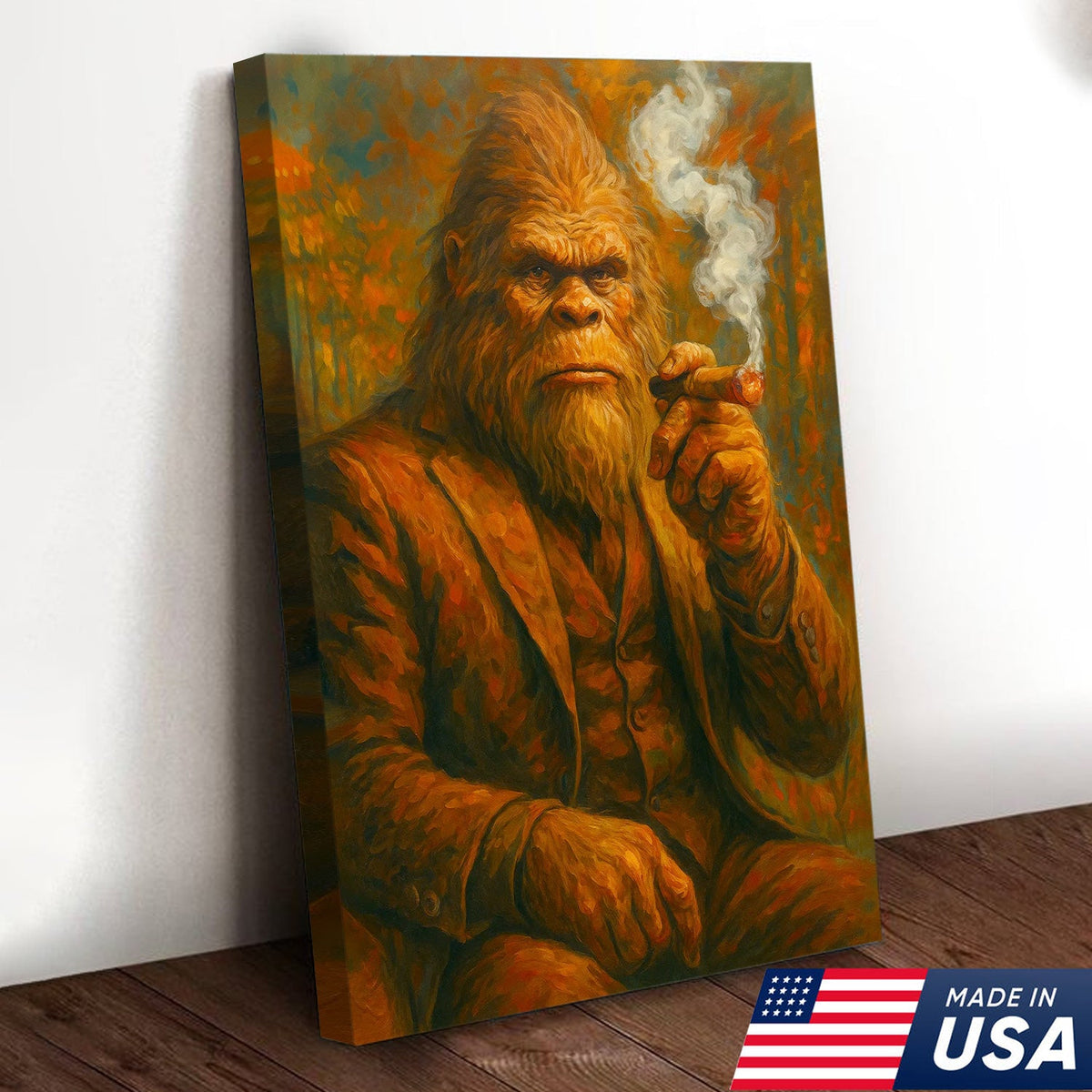 Bigfoot Smoking Canvas, Sasquatch Wall Art Print for Man Cave, Rustic Cabin