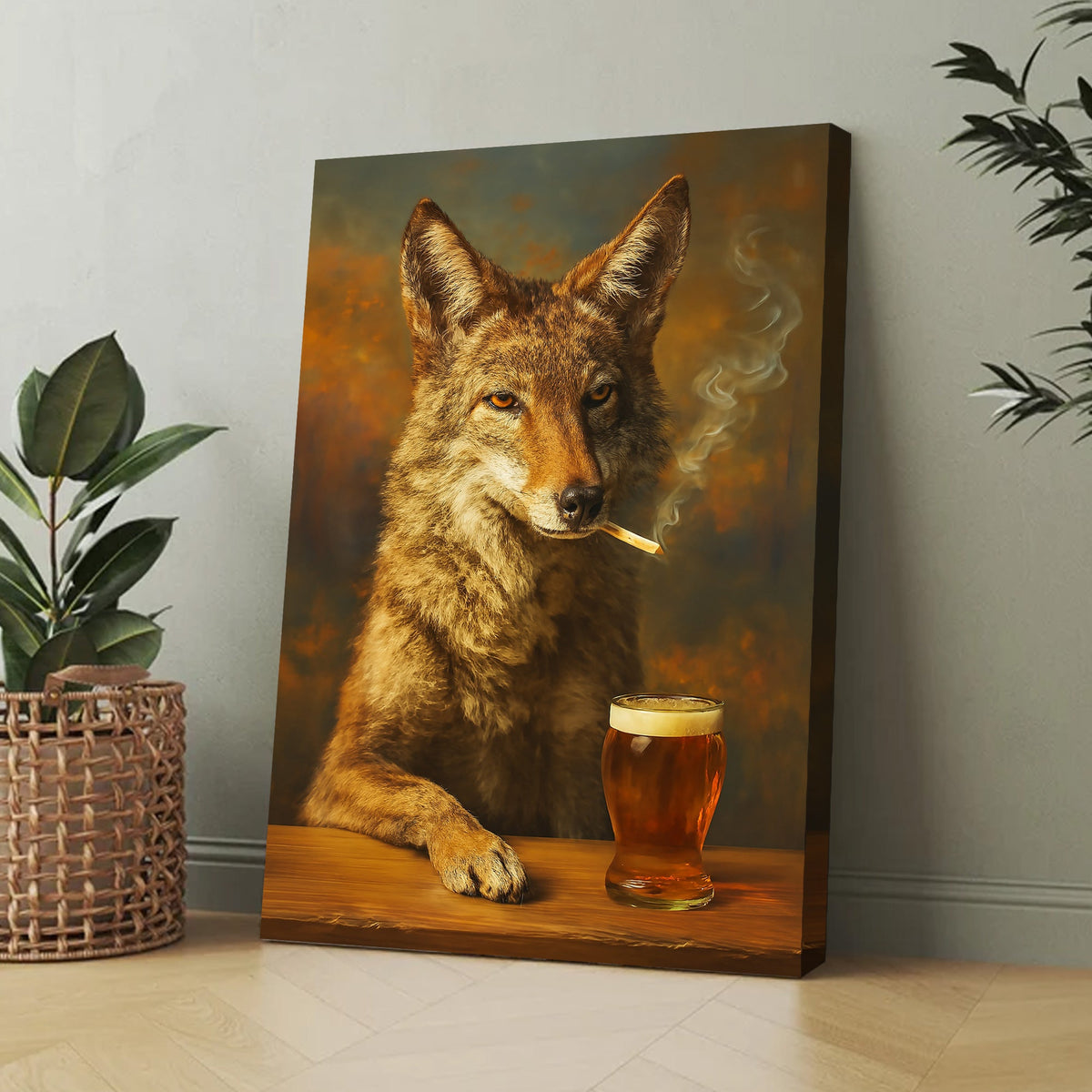 Smoking Wolf Coyote with Cocktail Glasses Canvas – Funny Hunting Wall Art for Man Caves
