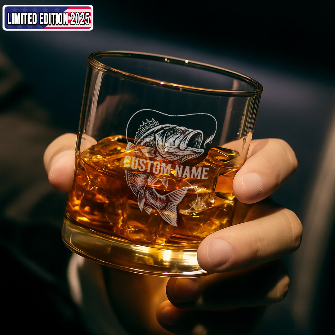Personalized Whiskey Glass – Bass Fish Engraved Custom Glass, For Fishing Lovers, Man Cave Decor