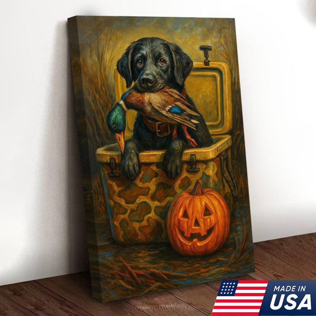 Labrador Retriever Hunting Dog Canvas Wall Art – Black Lab with Duck and Halloween Pumpkin Decor