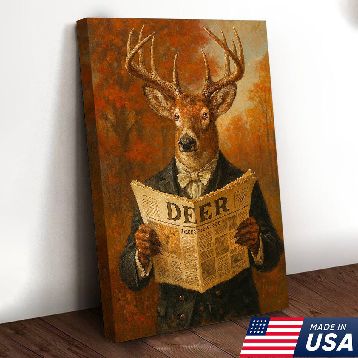 Funny Deer Reading Newspaper Canvas – Rustic Hunting Lodge Wall Art