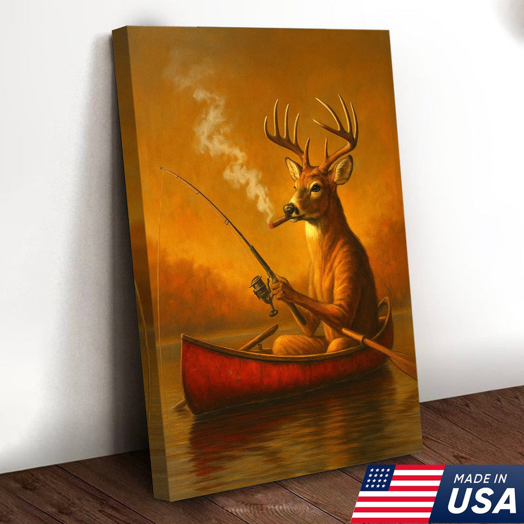 Rustic White Tailed Deer Fishing Canvas, Funny Hunting Wall Art for Fisherman & Hunter Gift Decor