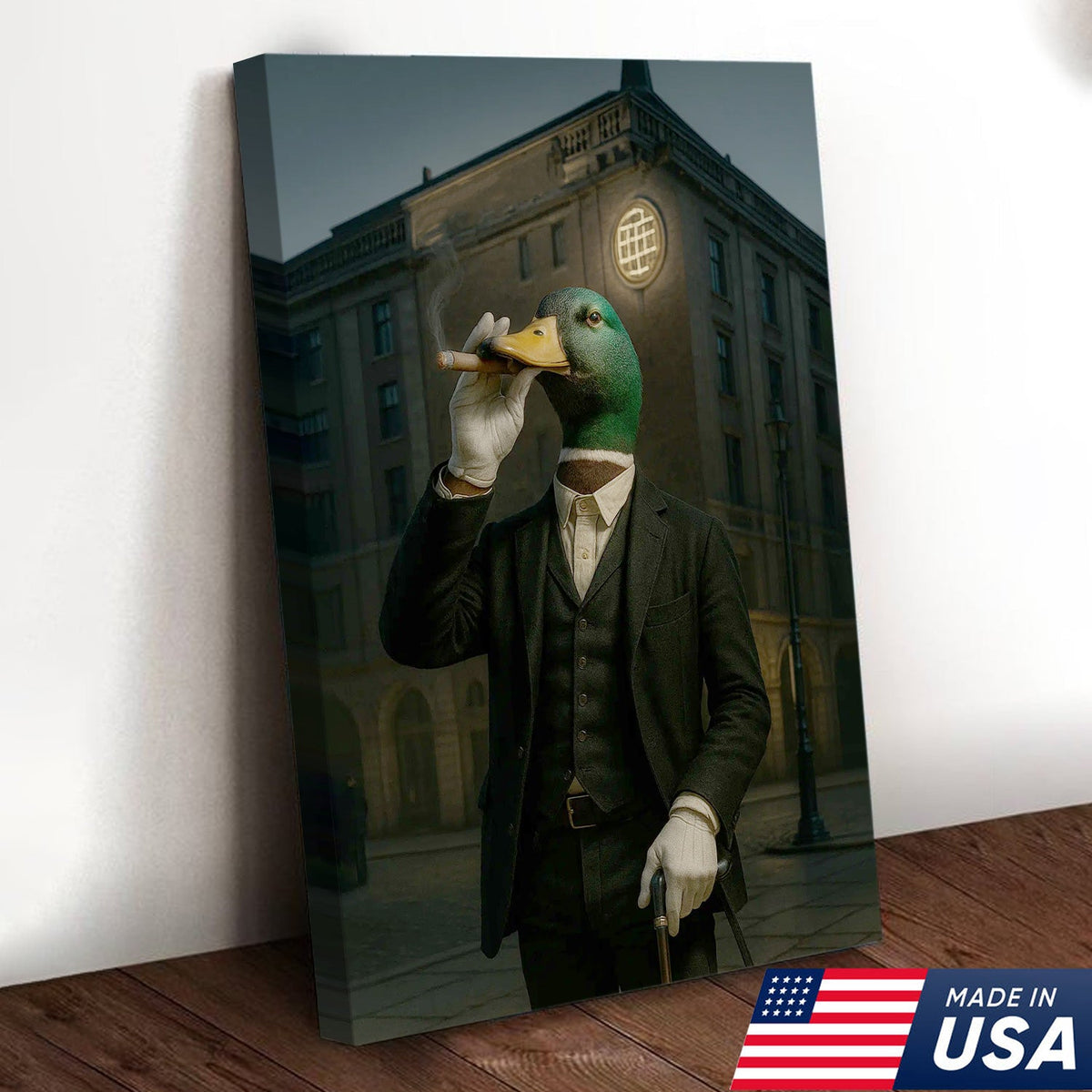 Mallard Gentleman Canvas – Duck in Suit Portrait, Vintage Noir Animal Wall Art