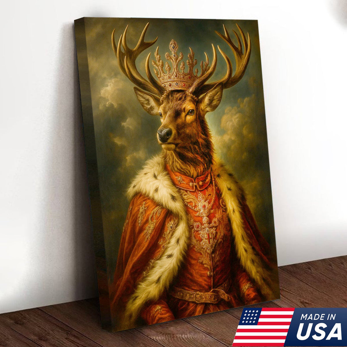 Royal Stag King Canvas Wall Art – Crowned Deer Portrait, Vintage Baroque Animal Print