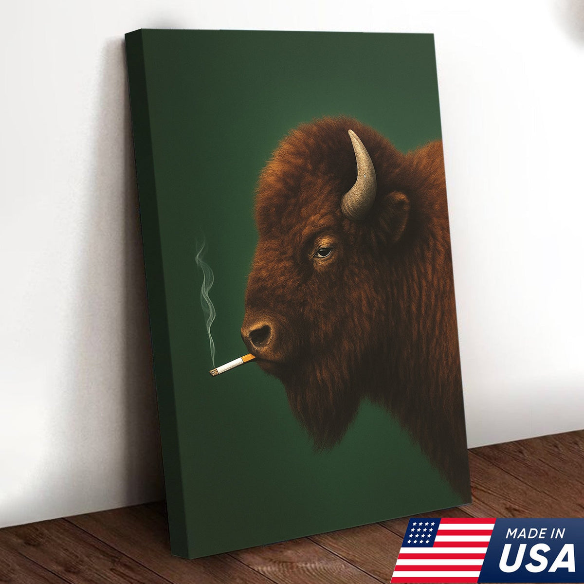 Bison Smoking Canvas Wall Art – Western Rustic Decor for Hunters & Cowboys